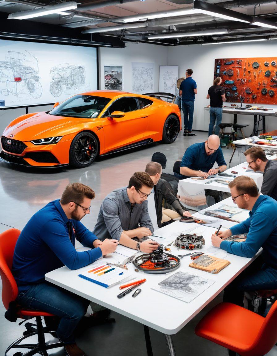 A dynamic scene of a creative workshop with automotive writers brainstorming ideas, surrounded by car sketches, laptops, and tools of the trade. The atmosphere is filled with vibrant colors showcasing different car designs, while a large whiteboard captures engaging content strategies. Include elements like gears and pistons integrated into the design, representing mechanics and creativity. super-realistic. vibrant colors. modern workspace.