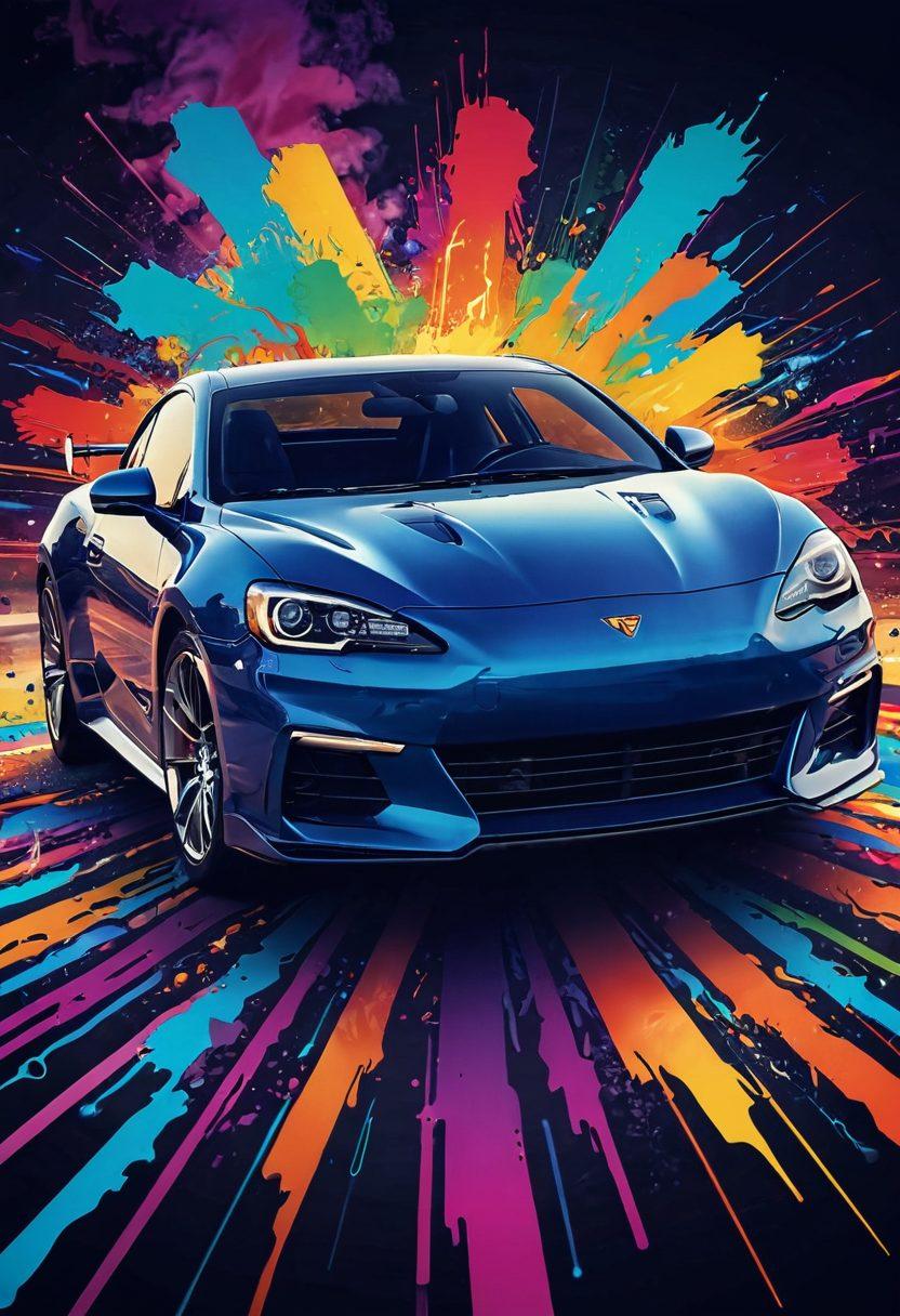 A dynamic scene featuring a powerful, sleek car revving its engine in a vibrant automotive landscape, surrounded by colorful blog icons and sound waves radiating from the engine, symbolizing the energetic blogging community. The background showcases a digital highway with flowing text and symbols representing ideas and creativity. The color palette is bold and lively, encapsulating the passion of automotive enthusiasts. super-realistic. vibrant colors. digital art.