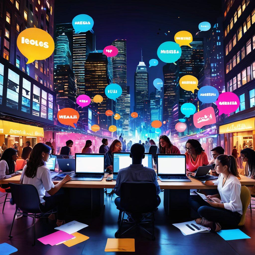 A vibrant digital landscape featuring a diverse group of bloggers passionately typing on laptops, surrounded by colorful speech bubbles filled with ideas and keywords. The background illustrates a bustling virtual city with neon lights and social media icons. This imagery conveys the energy and noise of the online world, inviting readers to explore effective writing strategies. super-realistic. vibrant colors. 3D.